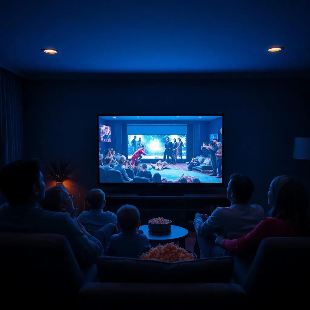 Família assistindo filme na sala usando HD Player
